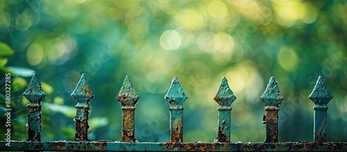 A weathered metal fence in front of a blurry green backdrop offers a great copy space image. photo