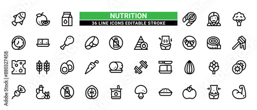 36 Nutrition Line Icons Set Pack Editable Stroke Vector Illustration.