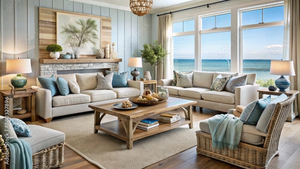 Fototapeta premium Calming seaside-inspired living room features natural textures, soothing color palette, driftwood accents, and ocean-blue hues evoking relaxed coastal ambiance.