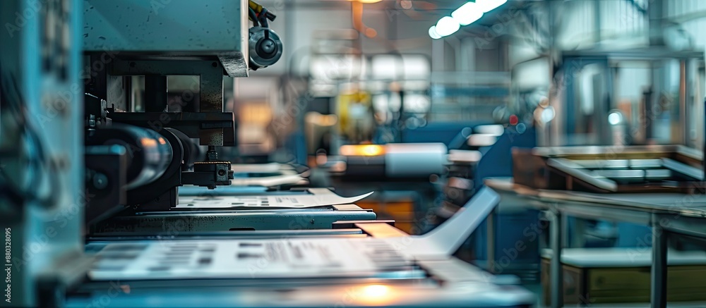Copy space image featuring a printing press system at an industrial print shop in the background Copy space image featuring a printing press system at an industrial print shop in the background