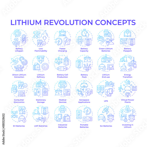 Lithium revolution blue gradient concept icons. Battery manufacturing, usability. Efficiency energy solution. Lithium ion. Icon pack. Vector images. Round shape illustrations. Abstract idea