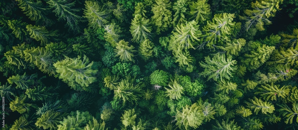 An aerial perspective of a wooded area featuring tall pine trees with a vast expanse of open sky, suitable for a copy space image. An aerial perspective of a wooded area featuring tall pine trees with a vast expanse of open sky, suitable for a copy space image.