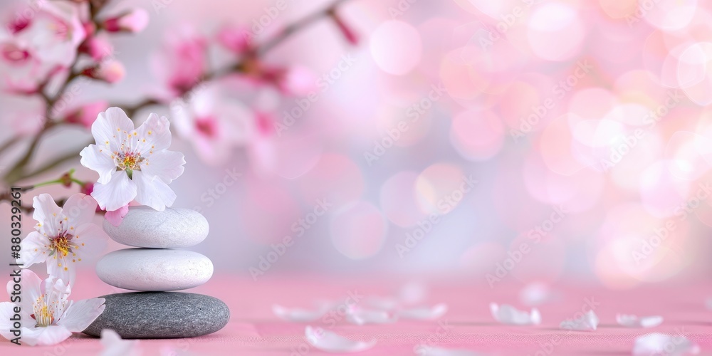 A pair of balanced stones with cherry blossoms in the background A pair of balanced stones with cherry blossoms in the background