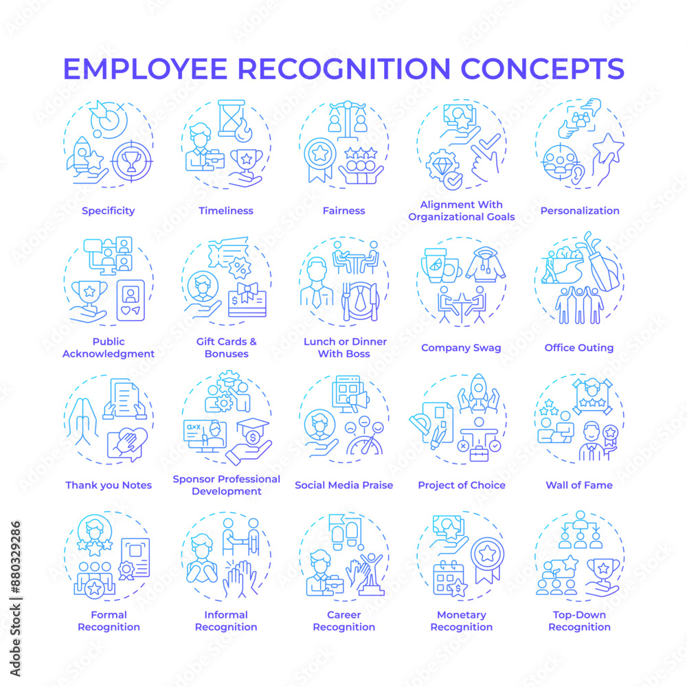 Employee recognition blue gradient concept icons. Workers motivation. Workplace culture. Boost morale. Appreciate staff. Icon pack. Vector images. Round shape illustrations. Abstract idea Employee recognition blue gradient concept icons. Workers motivation. Workplace culture. Boost morale. Appreciate staff. Icon pack. Vector images. Round shape illustrations. Abstract idea
