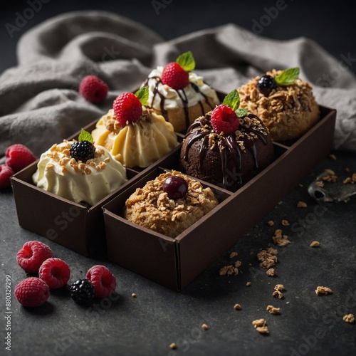 An assortment of gourmet desserts topped with fresh berries and cream, elegantly boxed.

