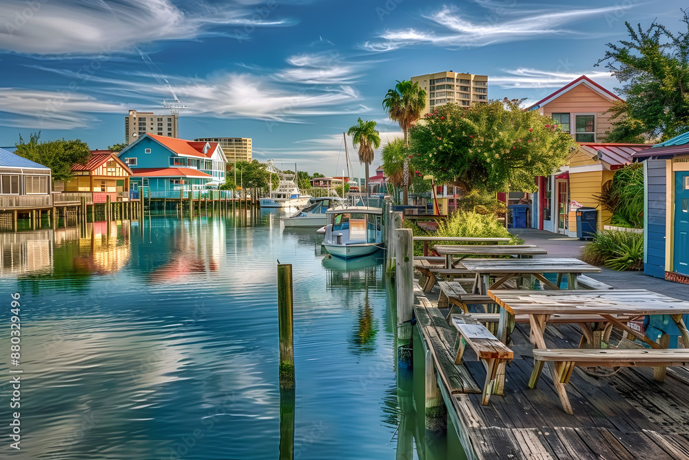 Obraz premium Serenely situated on the waterfront, this picturesque fishing village at Johns Pass in St Pete Beach, Tampa Florida, exudes charm with its colorful buildings and tranquil atmosphere.