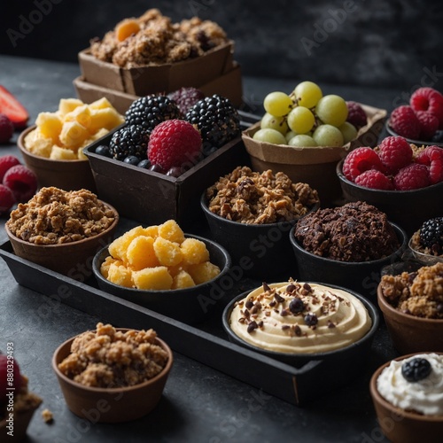 A selection of elegant gourmet desserts topped with fresh berries and granola, boxed for presentation.