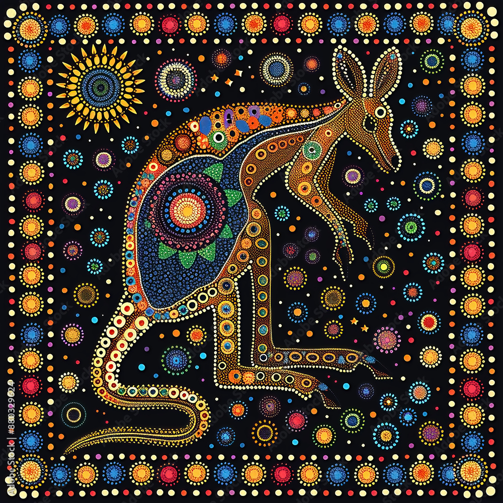 Naklejka premium Australian aboriginal traditional dot painting of a kangaroo in bright colors.