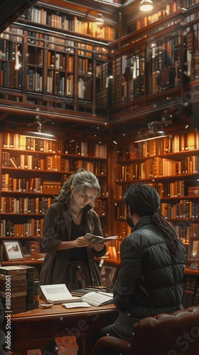 A librarian assisting a patron with research