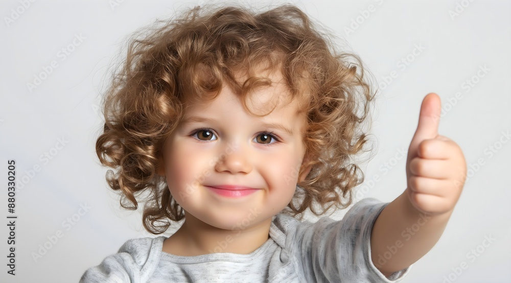 Little girl with curly hair showing thumbs up, white background, close-up portrait photography. Little girl with curly hair showing thumbs up, white background, close-up portrait photography.