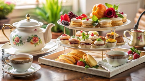 Wallpaper Mural Elegant serving tray adorned with steaming teapot, delicate china cups, assortment of finger sandwiches, pastries, and fresh fruit. Torontodigital.ca