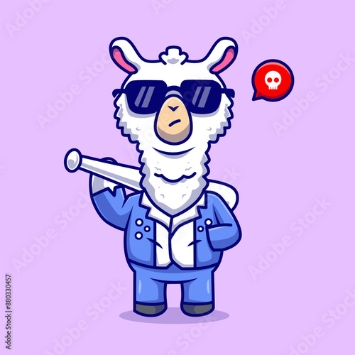 Cute Cool Llama Alpaca Wearing Jacket And Holding Stick 
Baseball Player Cartoon Vector Icon Illustration. Animal 
Nature Icon Concept Isolated Premium Vector. Flat Cartoon
Style