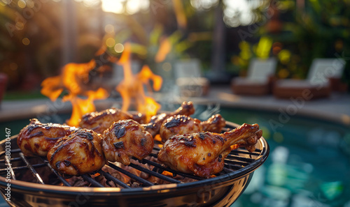 chicken breast/ drumsticks on a griil in the garden by the pool, house summer party, doing a bbq / barbecue	 photo