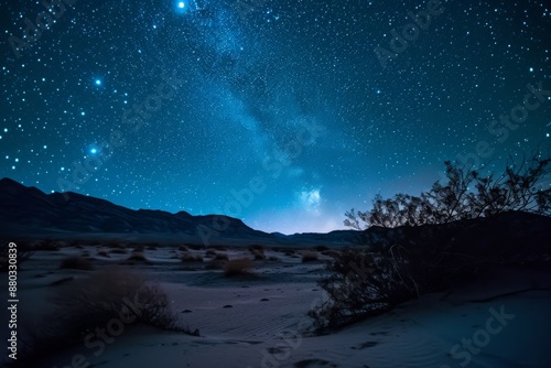 Scenic Wadi Rum desert landscape in Jordan with red sand dunes, rocky mountains, and clear blue sky, A vast desert landscape under a starry night sky, AI generated