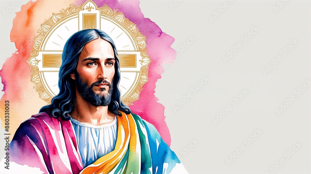 Fototapeta premium Watercolor portrait of Jesus Christ with copy space