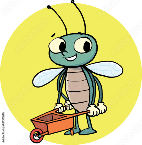 cheerful bug pushes an empty garden cart