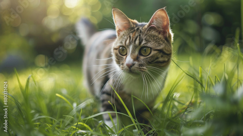 A cat is walking through a field of grass