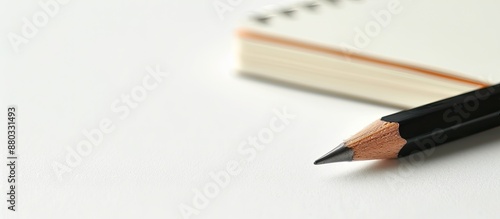 Business and office supplies like a pencil and notebook are shown in a professional copy space image on a white background