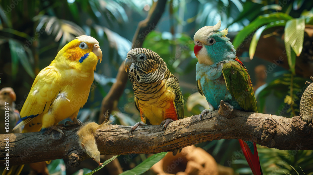 Obraz premium Three colorful parrots are perched on a branch in a lush green jungle