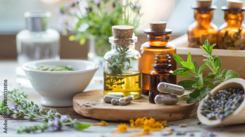 A table with various herbs and spices, including lavender, basil, and rosemary A table with various herbs and spices, including lavender, basil, and rosemary