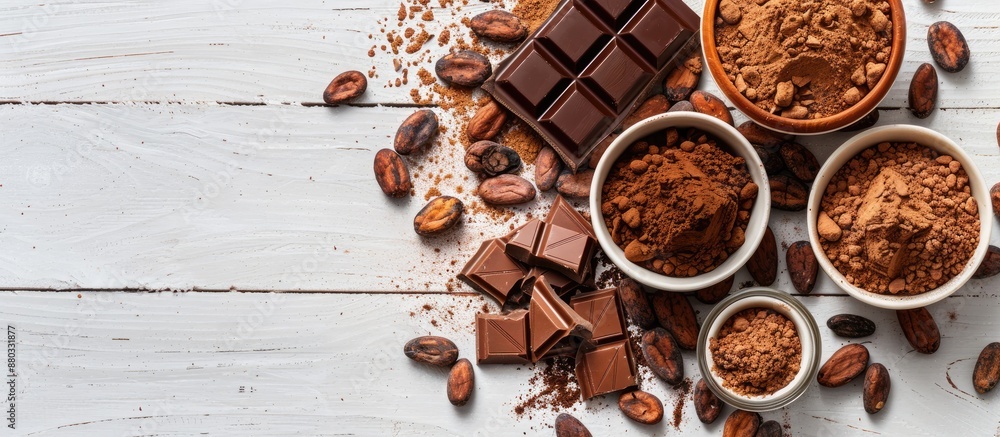 A flat lay arrangement features cocoa beans chocolate cocoa butter and cocoa powder on a white wooden surface showcasing a top down view with ample free copy space image A flat lay arrangement features cocoa beans chocolate cocoa butter and cocoa powder on a white wooden surface showcasing a top down view with ample free copy space image