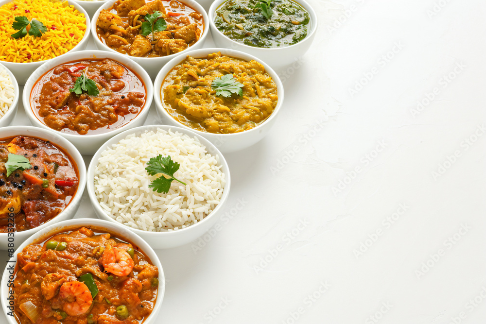 a white table topped with bowls of different types of food a white table topped with bowls of different types of food