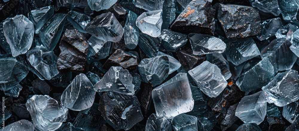 Raw glass rocks with various sizes and patterns viewed from above creating a sharp and edgy background suitable for decorative purposes with ample copy space image Raw glass rocks with various sizes and patterns viewed from above creating a sharp and edgy background suitable for decorative purposes with ample copy space image