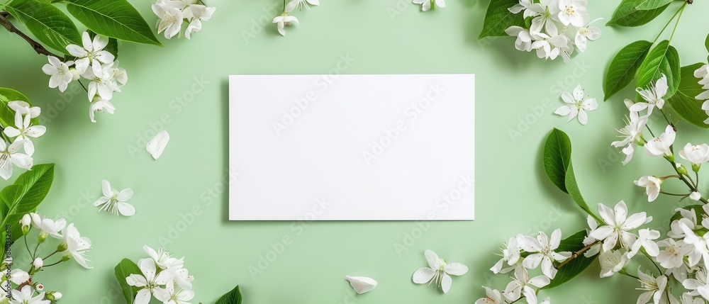 Fototapeta premium Green background illustration featuring a white empty card ideal for white flowers poster designs and promotions