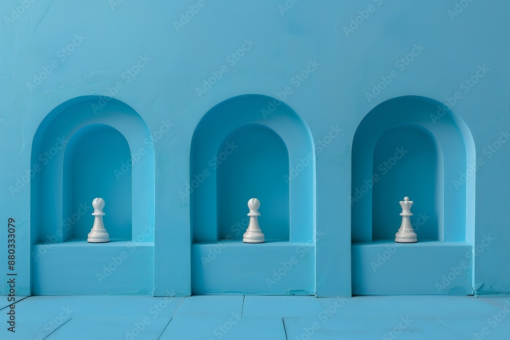 Fototapeta premium Minimalist blue background for product photography with four arched doorways, each containing one white chess piece, high resolution, no shadows, symmetrical composition, even lighting 