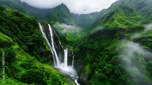 A breathtaking waterfall cascading down a lush mountainside, surrounded by vibrant flora and creating a refreshing mist that fills the air.