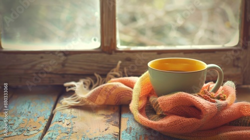 Coffee cup and old scarf in retro filter photo photo