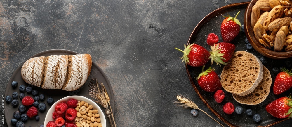 Healthy breakfast featuring rice flour bread on a plate with a visually appealing copy space image Healthy breakfast featuring rice flour bread on a plate with a visually appealing copy space image