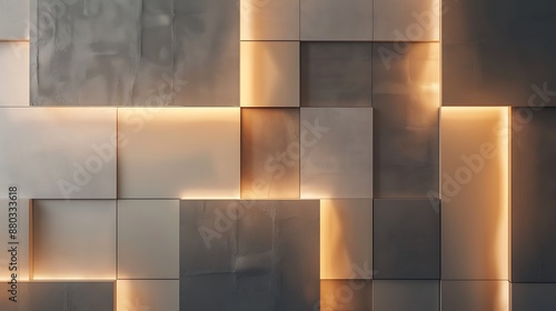 Stylish block-like wall design featuring rectangular panels with a mix of matte and glossy finishes, in a monochromatic color palette, with soft ambient lighting