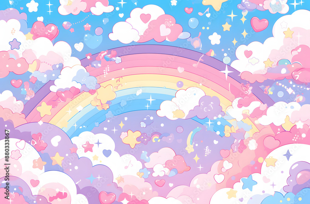 pastel background with pink, blue and purple clouds in the sky, rainbow and stars pastel background with pink, blue and purple clouds in the sky, rainbow and stars