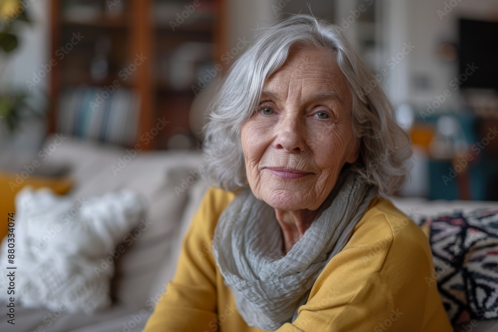 Active and mature elderly retired women at home for profile shots. Female retirees sit on the couch, look into the camera with a happy smile, enjoy retirement, talk on video conference calls, Active and mature elderly retired women at home for profile shots. Female retirees sit on the couch, look into the camera with a happy smile, enjoy retirement, talk on video conference calls,