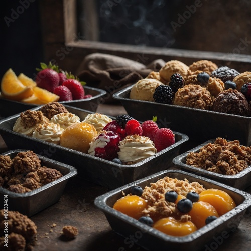 A variety of gourmet desserts with fresh berries and cream in rustic metal trays.