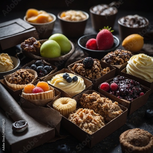 Assorted gourmet desserts in boxes, featuring a variety of toppings including berries and cream.
