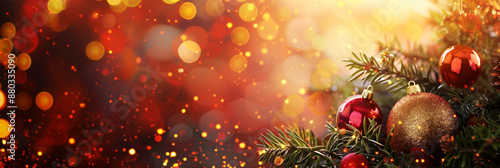 Red christmas baubles on a fir branch, bokeh fairy light, banner, background or greeting card, winter season