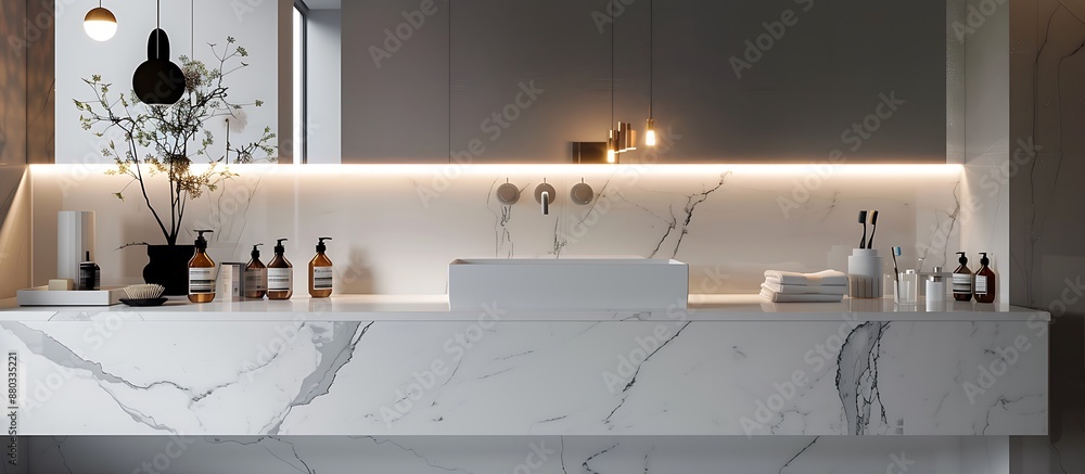 Fototapeta premium White marble bathroom vanity in a sleek modern home, minimalist design, contemporary decor, elegant surfaces, stylish interior, functional space, chic elements, bright atmosphere.