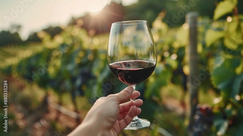 An individual standing with a hand holding a glass of red wine in a vineyard setting photo