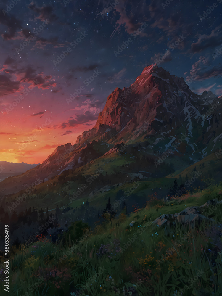 A vibrant sunset paints the sky with fiery colors behind a majestic mountain range A vibrant sunset paints the sky with fiery colors behind a majestic mountain range