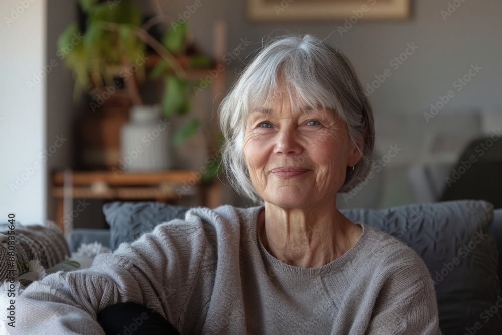 Active and mature elderly retired women at home for profile shots. Female retirees sit on the couch, look into the camera with a happy smile, enjoy retirement, talk on video conference calls, Active and mature elderly retired women at home for profile shots. Female retirees sit on the couch, look into the camera with a happy smile, enjoy retirement, talk on video conference calls,