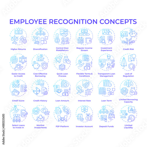 Peer-to-peer lending blue gradient concept icons. Credit advantages. P2P platform. Loan interest rates. Borrowing money. Icon pack. Vector images. Round shape illustrations. Abstract idea