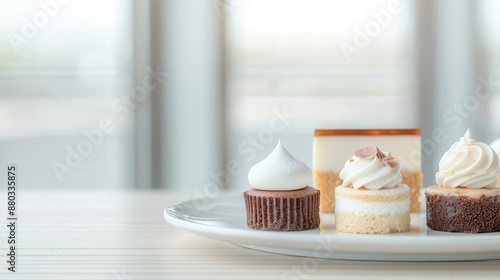 Fototapeta Naklejka Na Ścianę i Meble -  Detailed shot of a hotels gourmet mini dessert selection on a stylish plate, Contemporary, Colorful, Photograph, Delightful treat