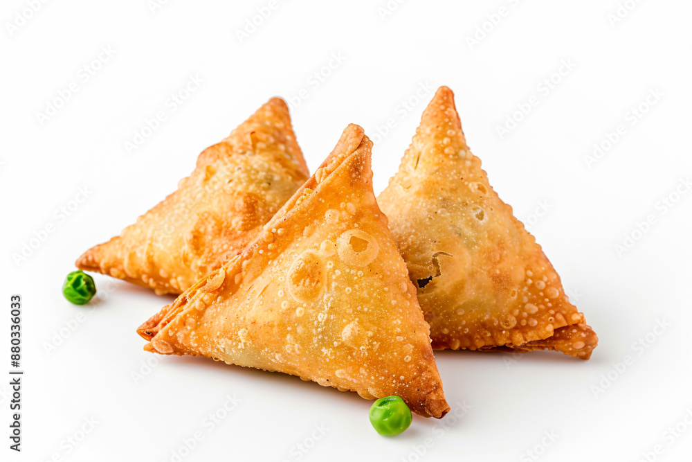 three triangles of food with peas on top three triangles of food with peas on top