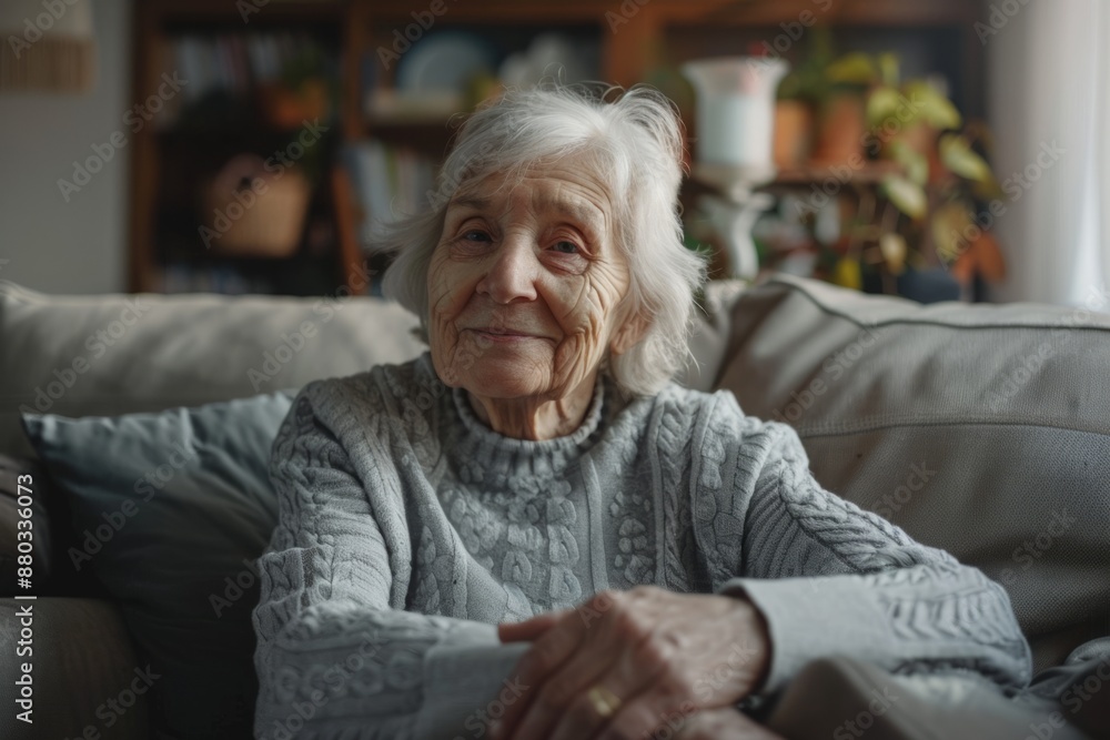 Active and mature elderly retired women at home for profile shots. Female retirees sit on the couch, look into the camera with a happy smile, enjoy retirement, talk on video conference calls, Active and mature elderly retired women at home for profile shots. Female retirees sit on the couch, look into the camera with a happy smile, enjoy retirement, talk on video conference calls,