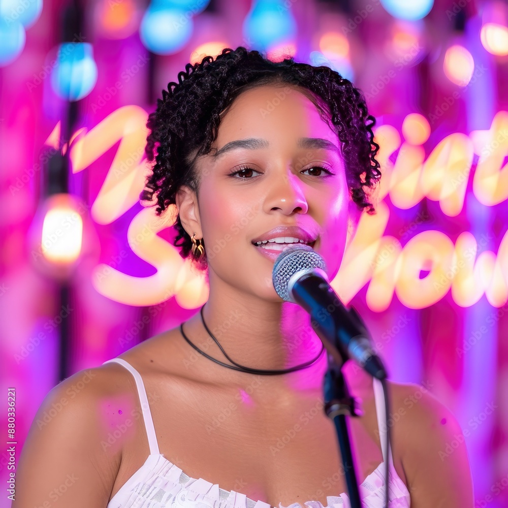 A woman singing into an open mic at night A woman singing into an open mic at night