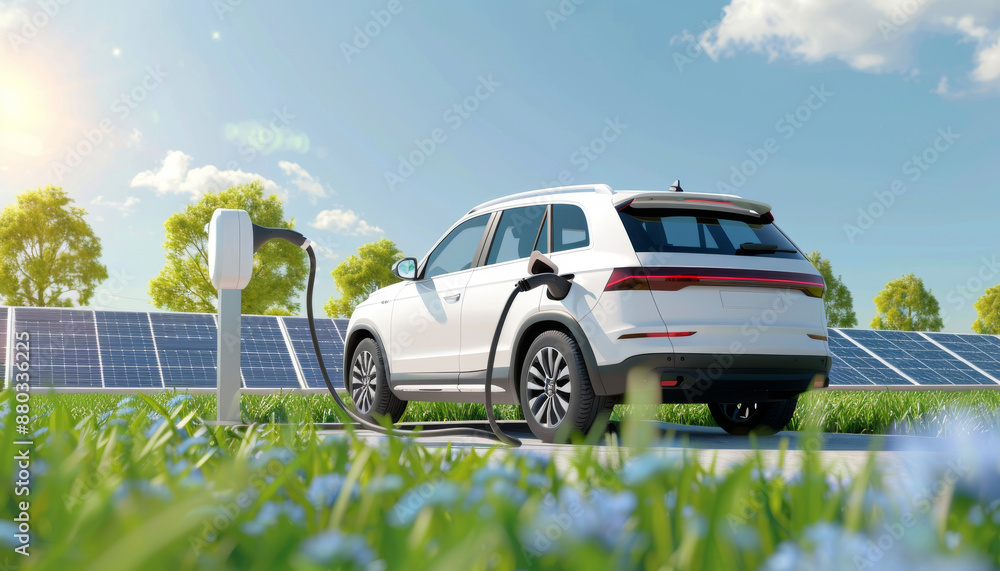 Harnessing the Sun for Sustainable Mobility: Solar Panel Array Powering Electric Vehicle on Sunny Day Harnessing the Sun for Sustainable Mobility: Solar Panel Array Powering Electric Vehicle on Sunny Day