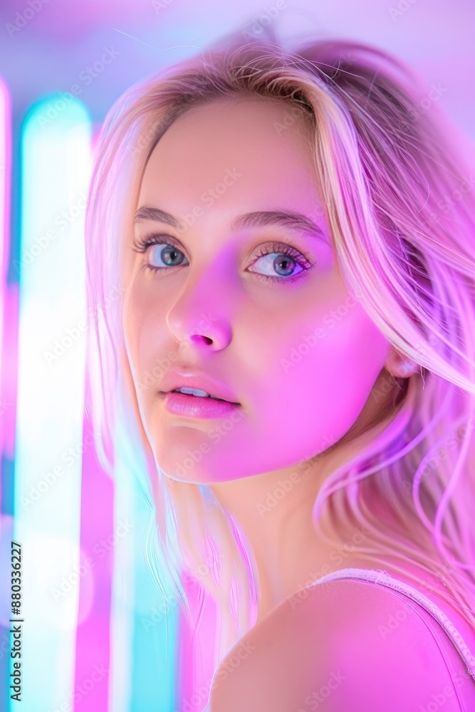 a blonde woman standing with pink and purple laser lights shining on her face and blur bokeh light on background a blonde woman standing with pink and purple laser lights shining on her face and blur bokeh light on background