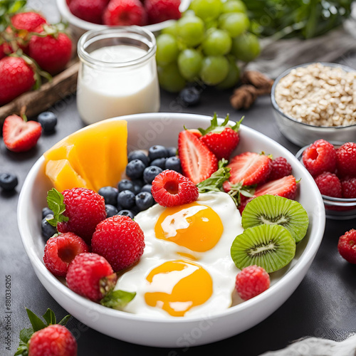 A fresh and healthy breakfast with fruits and a cup of milk